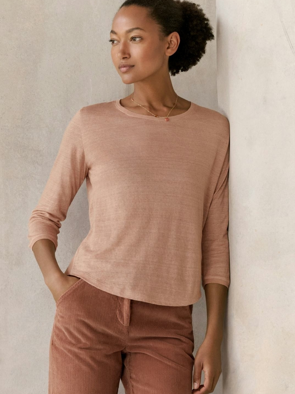 Poetry Round-Neck Top Linen Jersey 3/4 Sleeve Lightweight Soft Peach Womens 6